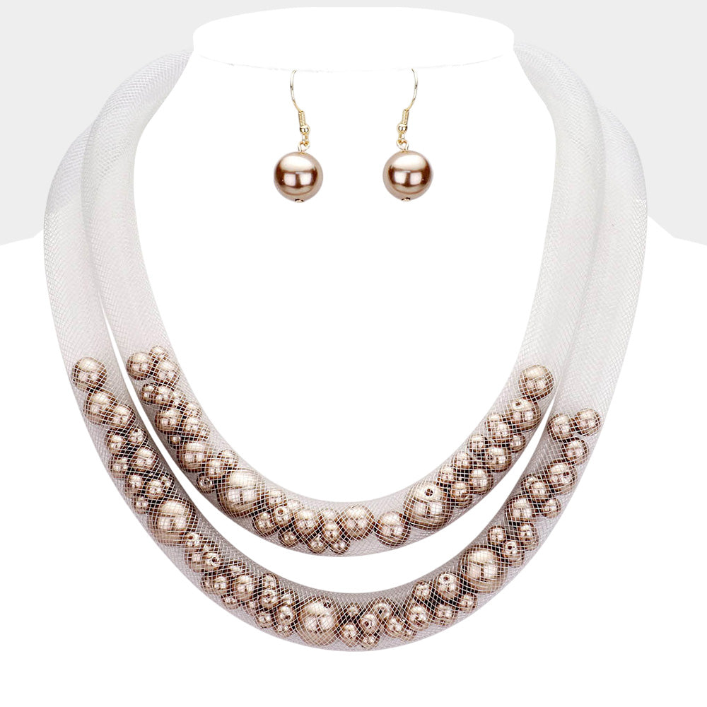 Madeline Love Brown, Silver Double Mesh Tube Pearl Collar Necklace - Necklaces