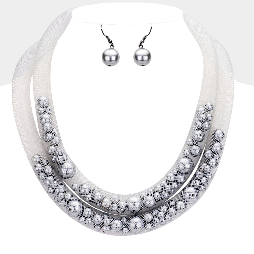 Madeline Love Gray Double Mesh Tube Pearl Collar Necklace - Necklaces