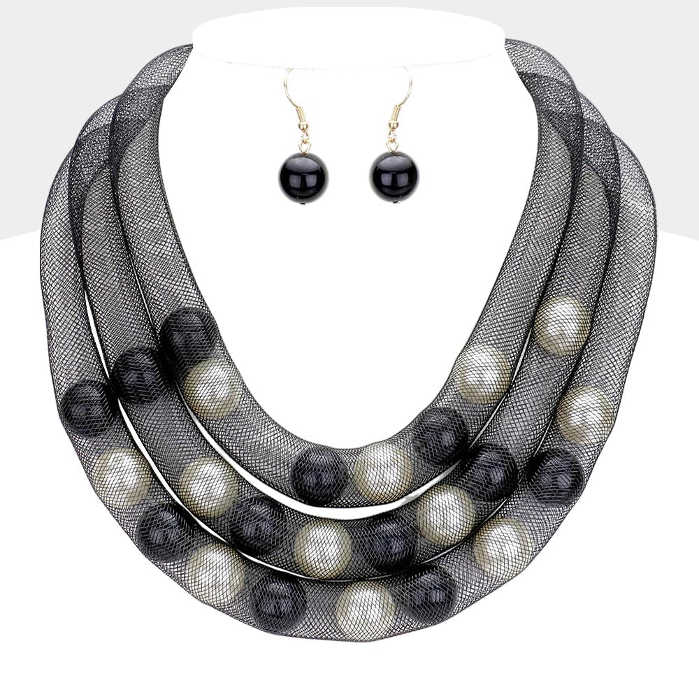 Madeline Love Black, Cream Triple Mesh Tube Pearl Collar Necklace - Necklaces