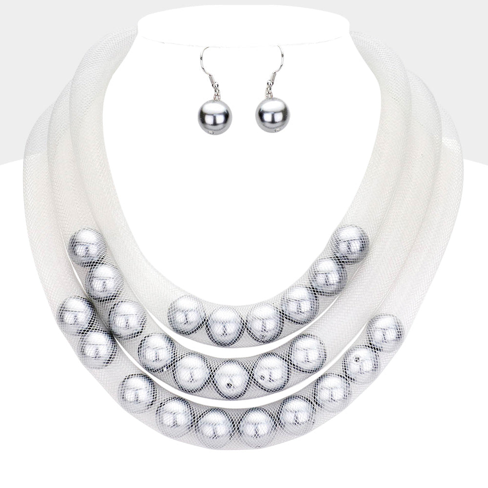 Madeline Love Gray, Silver Triple Mesh Tube Pearl Collar Necklace - Necklaces
