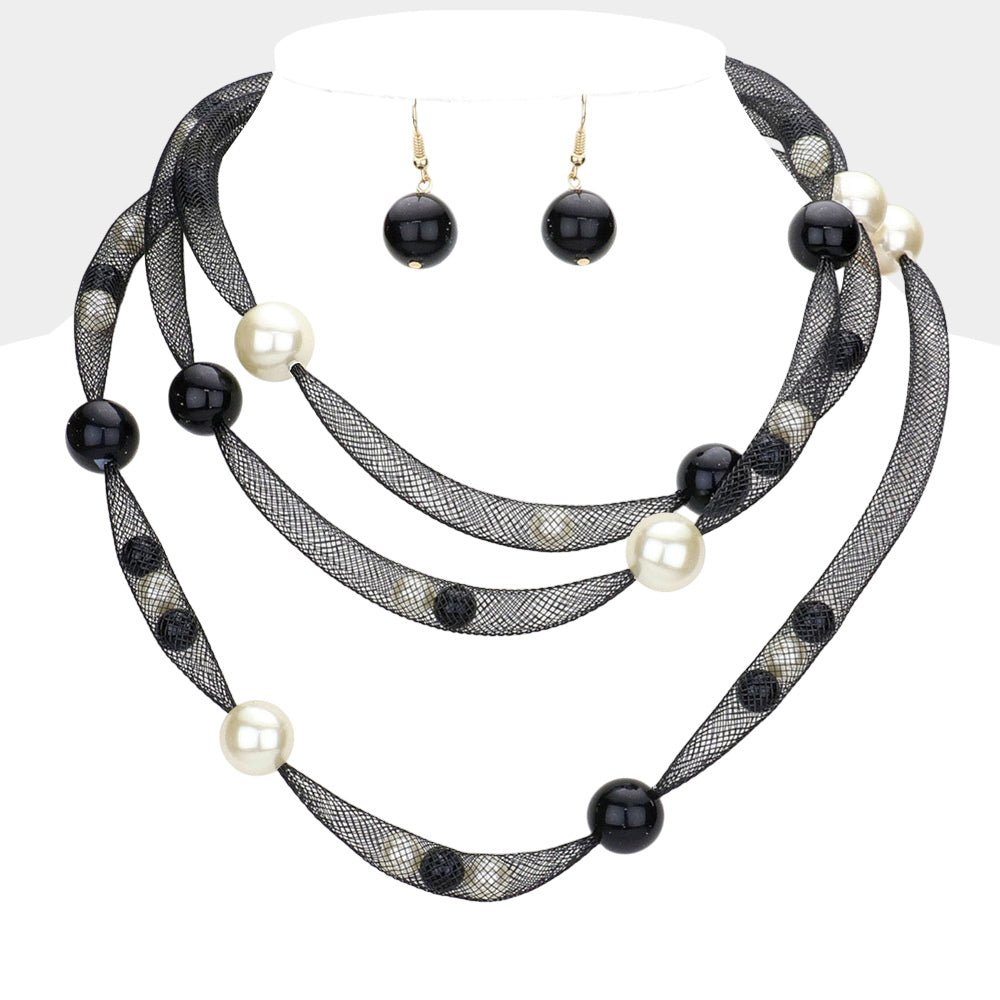 Madeline Love Black, Cream Pearl Accented Triple Layered Mesh Bib Necklace - Necklaces