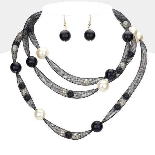Madeline Love Black, Cream Pearl Accented Triple Layered Mesh Bib Necklace - Necklaces