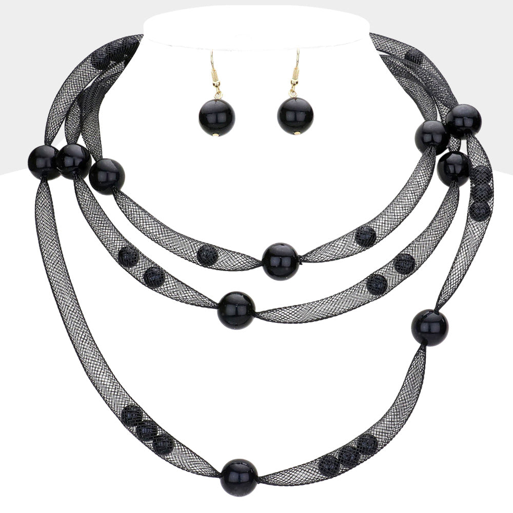 Madeline Love Black Pearl Accented Triple Layered Mesh Bib Necklace - Necklaces
