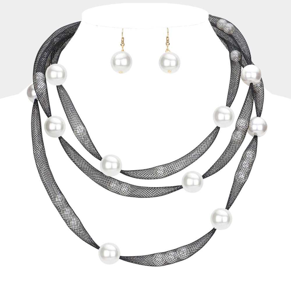 Madeline Love White Pearl Accented Triple Layered Mesh Bib Necklace - Necklaces