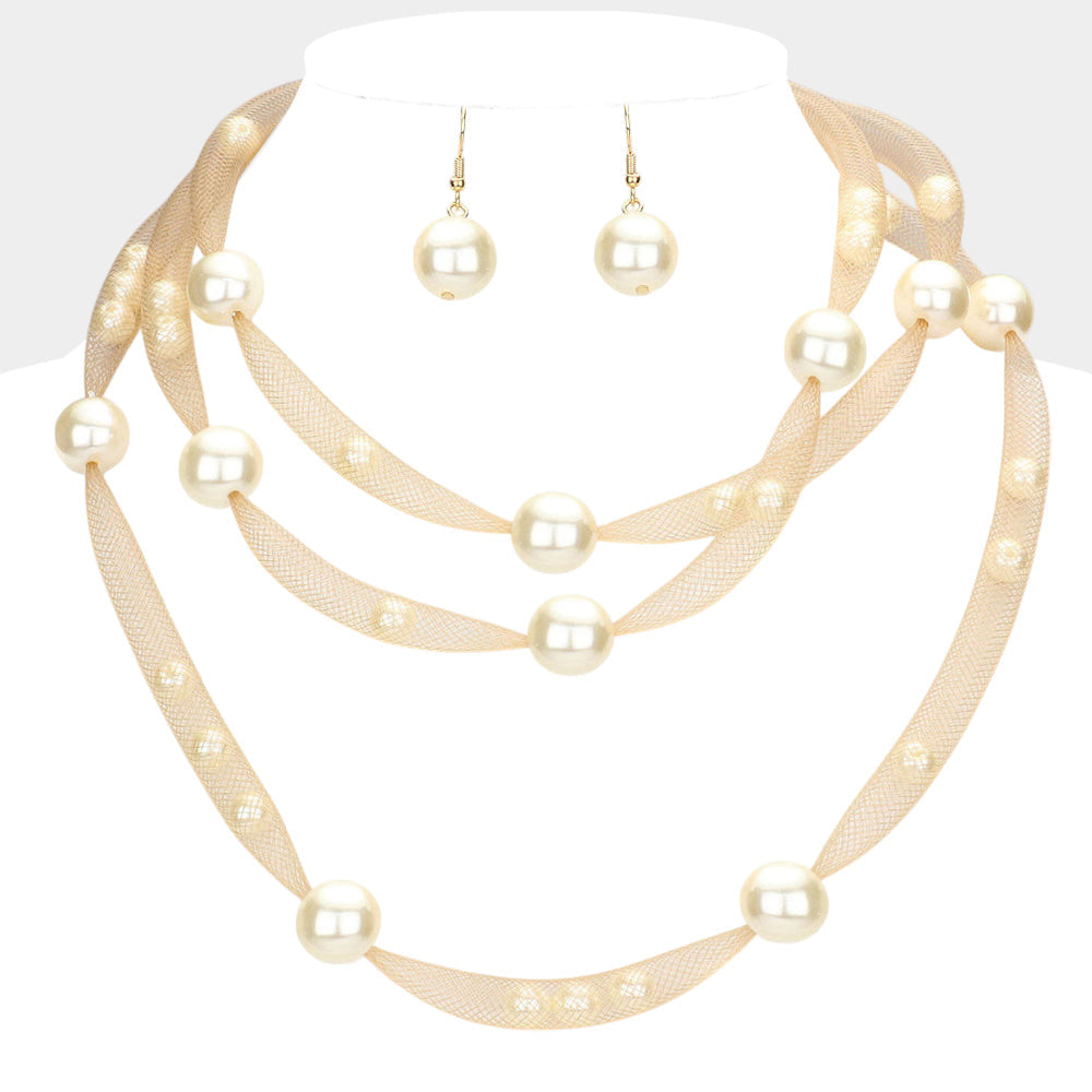 Madeline Love Cream, Gold Pearl Accented Triple Layered Mesh Bib Necklace - Necklaces