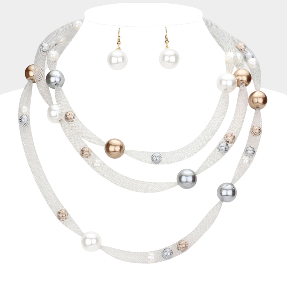 Madeline Love Multi Pearl Accented Triple Layered Mesh Bib Necklace - Necklaces