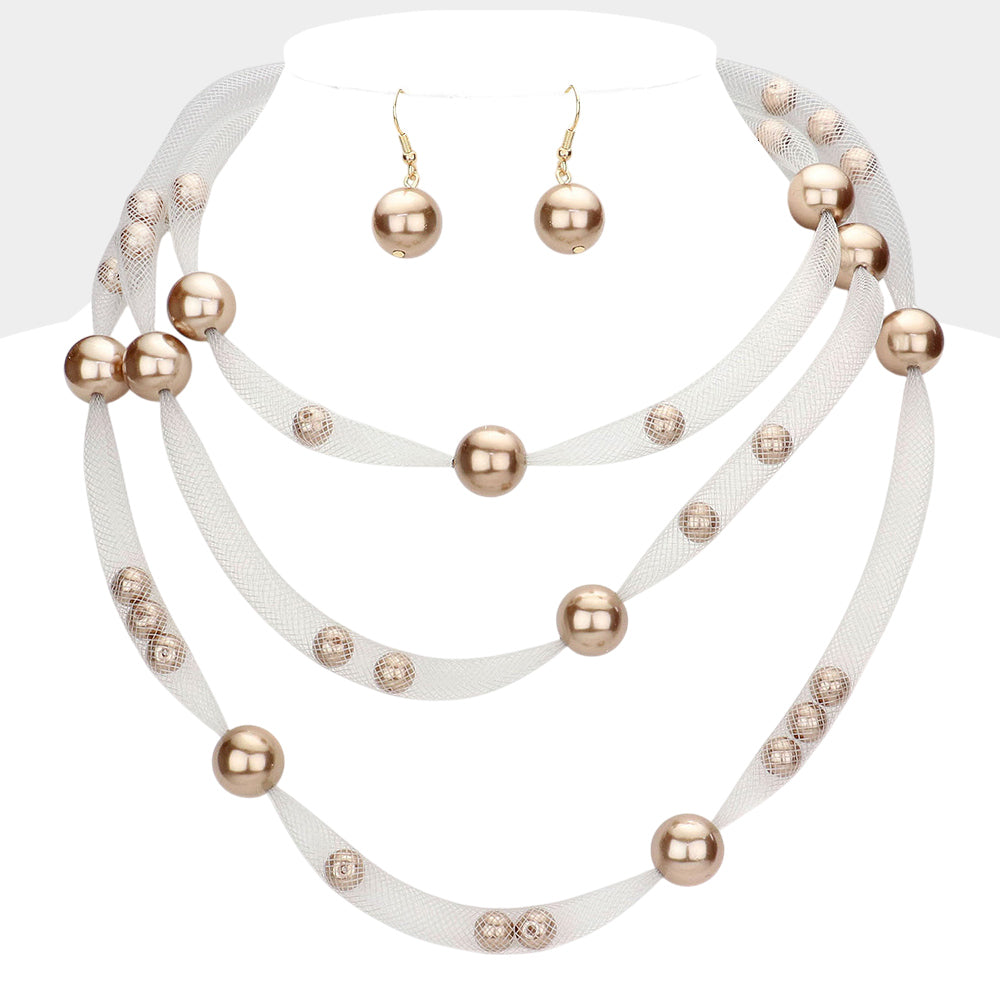 Madeline Love Brown Pearl Accented Triple Layered Mesh Bib Necklace - Necklaces
