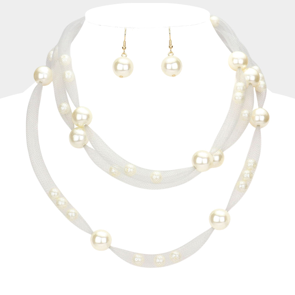 Madeline Love Cream, Silver Pearl Accented Triple Layered Mesh Bib Necklace - Necklaces