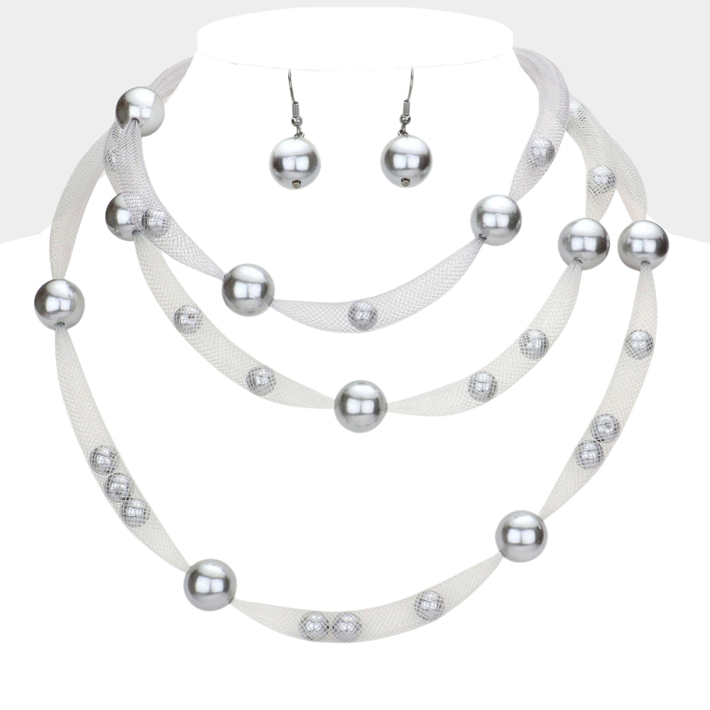 Madeline Love Gray Pearl Accented Triple Layered Mesh Bib Necklace - Necklaces