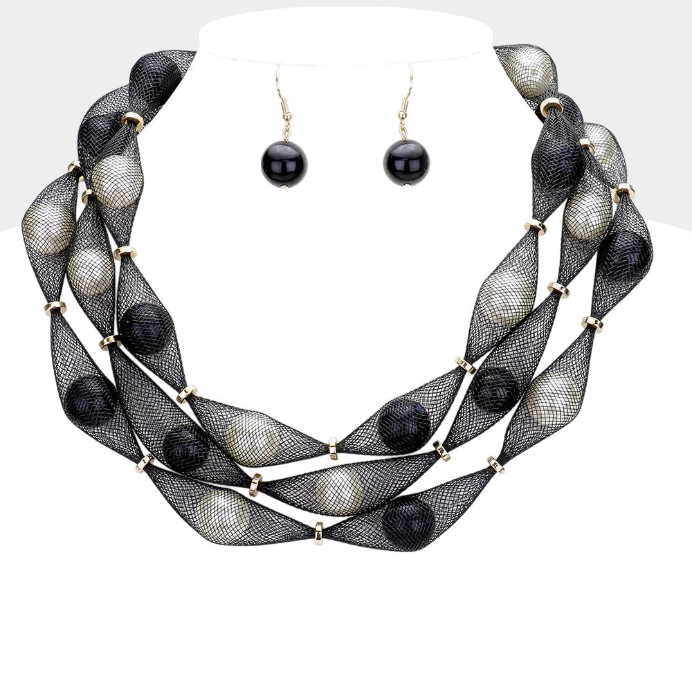 Madeline Love Black, Cream, Gold Triple Mesh Tube Pearl Collar Necklace - Necklaces