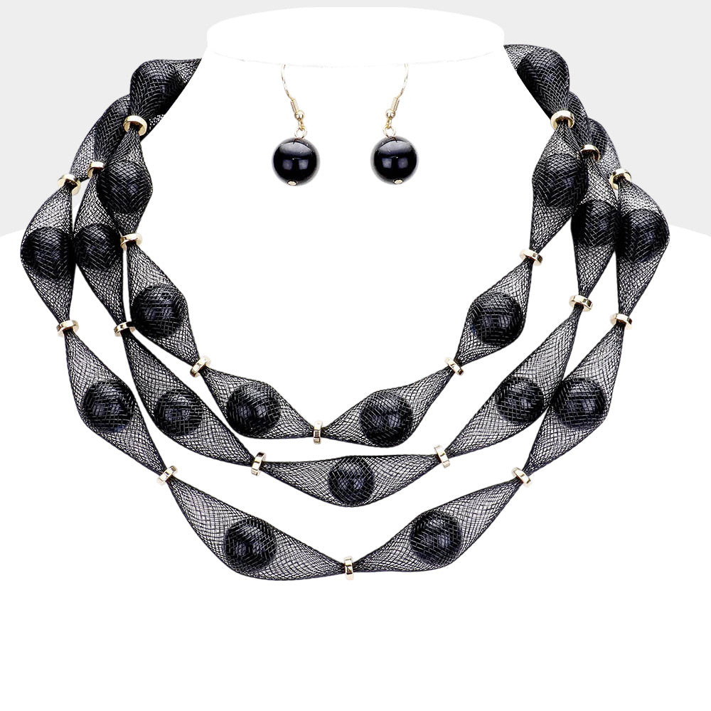 Madeline Love Black, Gold Triple Mesh Tube Pearl Collar Necklace - Necklaces