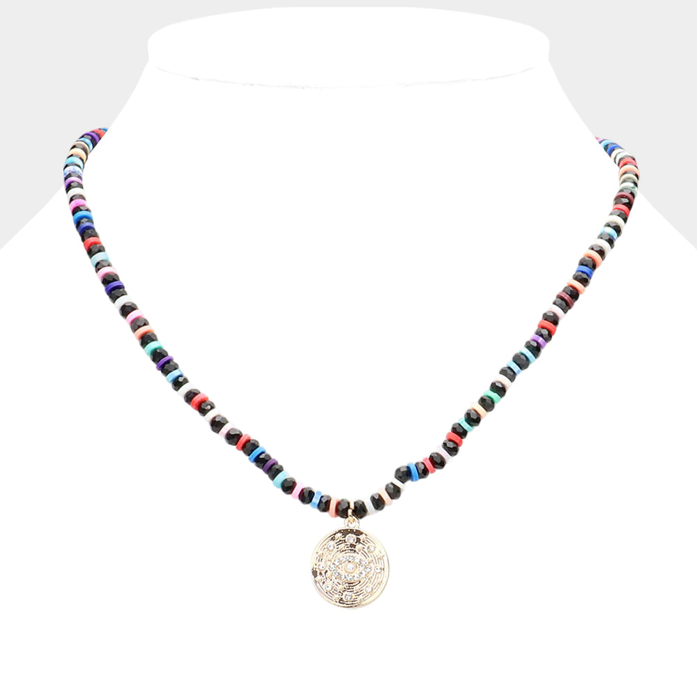Madeline Love Black Evil Eye Accented Rhinestone Embellished Round Pendant Beaded Necklace - Necklaces