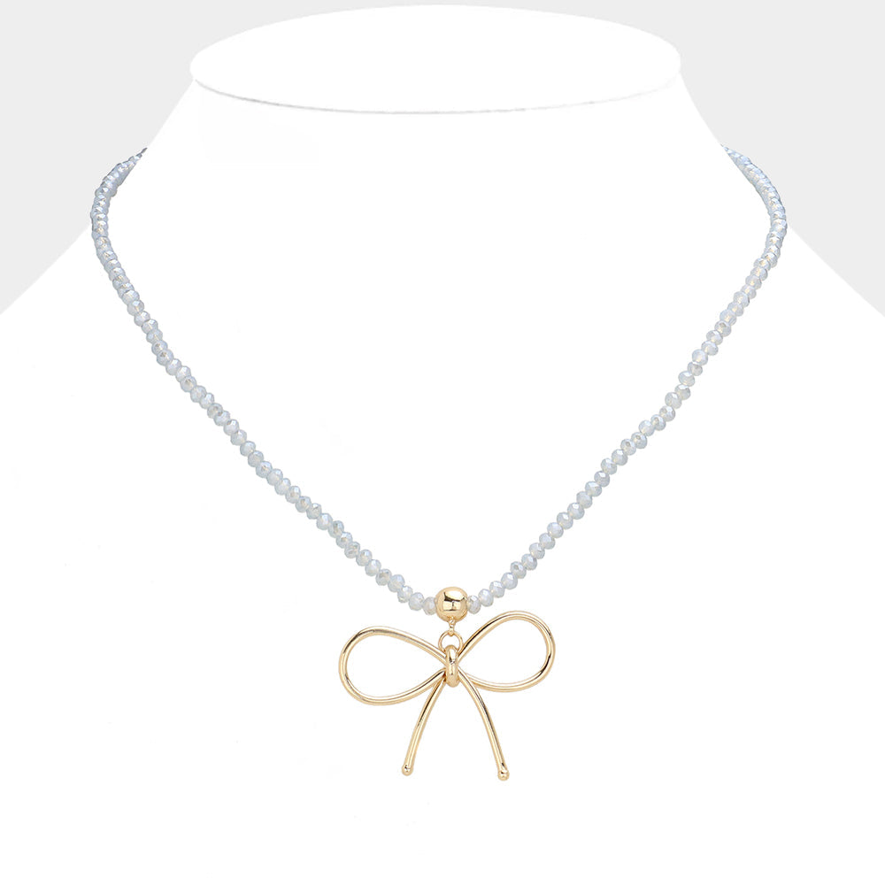 Madeline Love Blue Faceted Beaded Brass Metal Wire Bow Pendant Necklace - Necklaces
