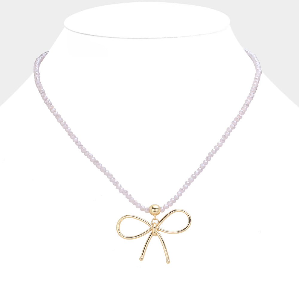 Madeline Love Lavender Faceted Beaded Brass Metal Wire Bow Pendant Necklace - Necklaces