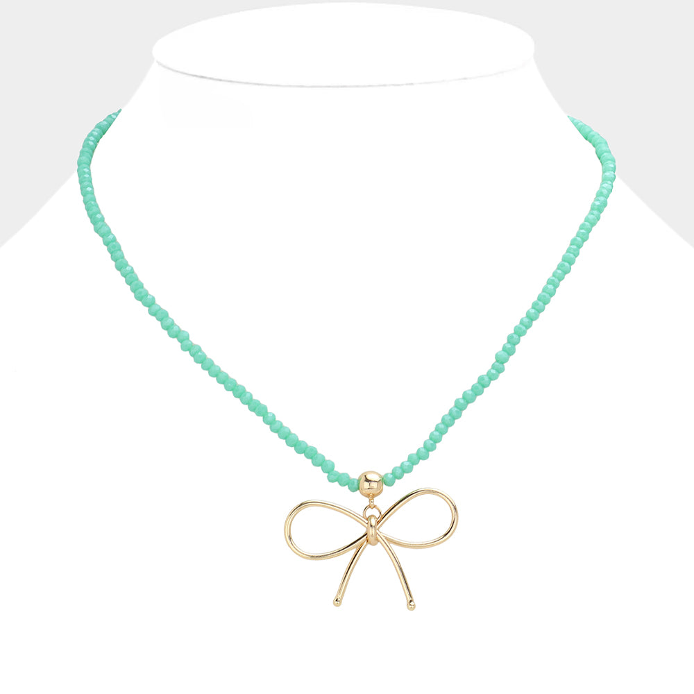 Madeline Love Mint Faceted Beaded Brass Metal Wire Bow Pendant Necklace - Necklaces