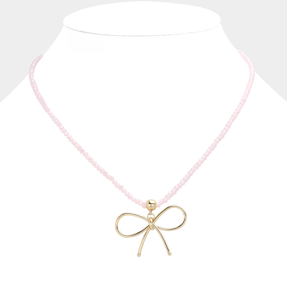 Madeline Love Pink Faceted Beaded Brass Metal Wire Bow Pendant Necklace - Necklaces