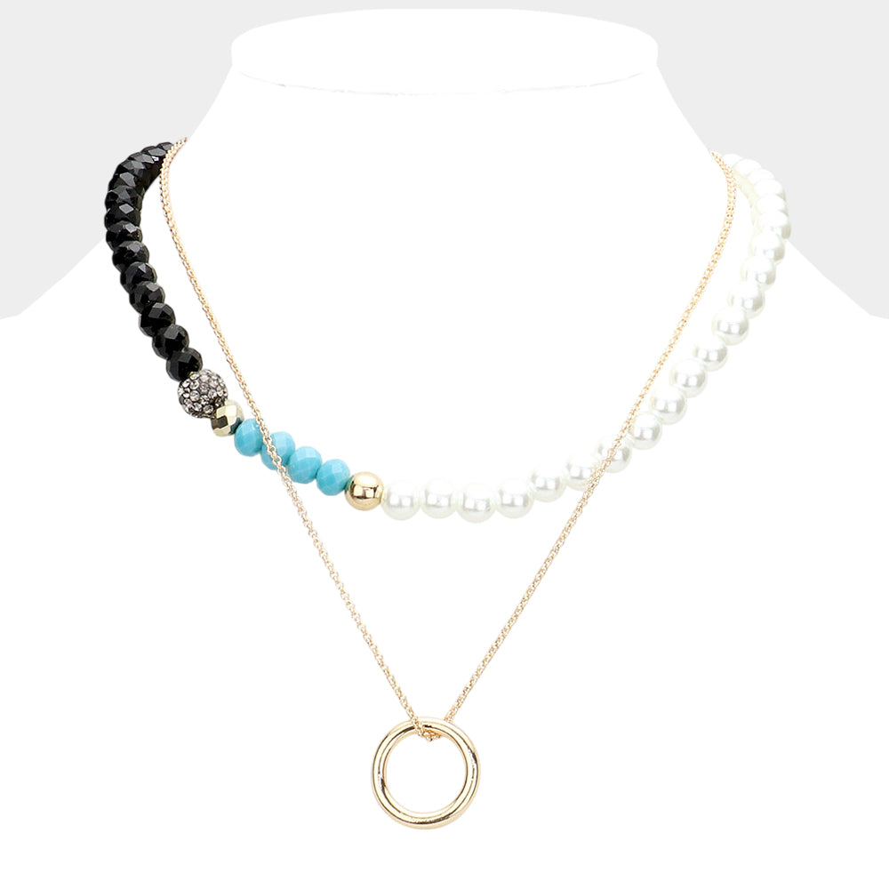 Madeline Love Black Open Metal Circle Pendant Pearl Shamballa Ball Faceted Beaded Necklace - Necklaces