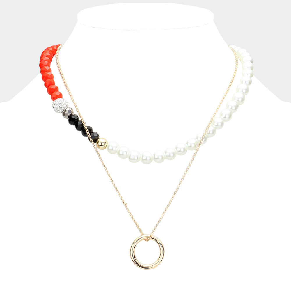Madeline Love Red Open Metal Circle Pendant Pearl Shamballa Ball Faceted Beaded Necklace - Necklaces