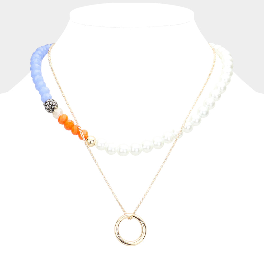 Madeline Love Blue Open Metal Circle Pendant Pearl Shamballa Ball Faceted Beaded Necklace - Necklaces