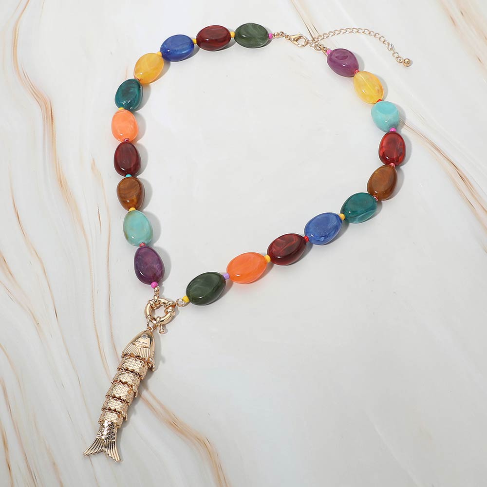 Madeline Love Gold, Multi Fish Toggle Charm Pendant Marbled Resin Pebble Beaded Necklace - Necklaces