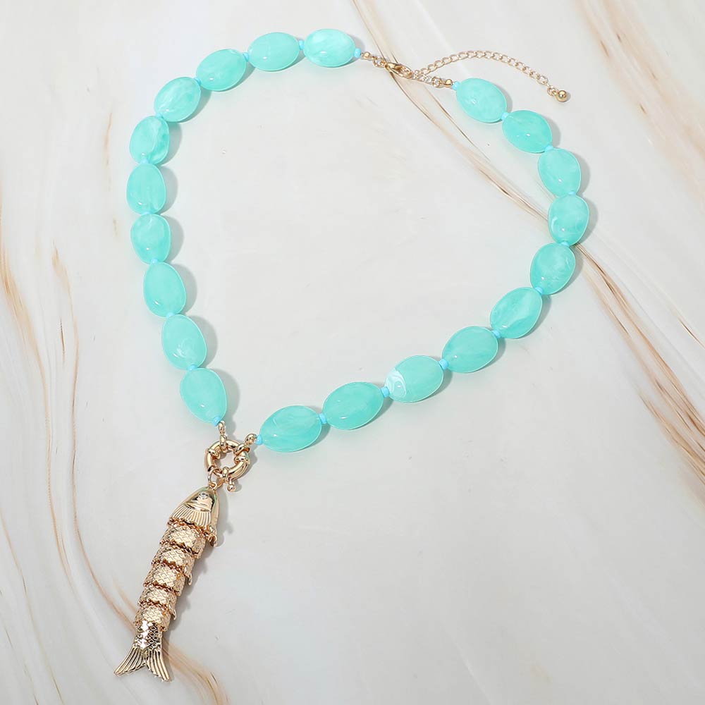 Madeline Love Turquoise Fish Toggle Charm Pendant Marbled Resin Pebble Beaded Necklace - Necklaces