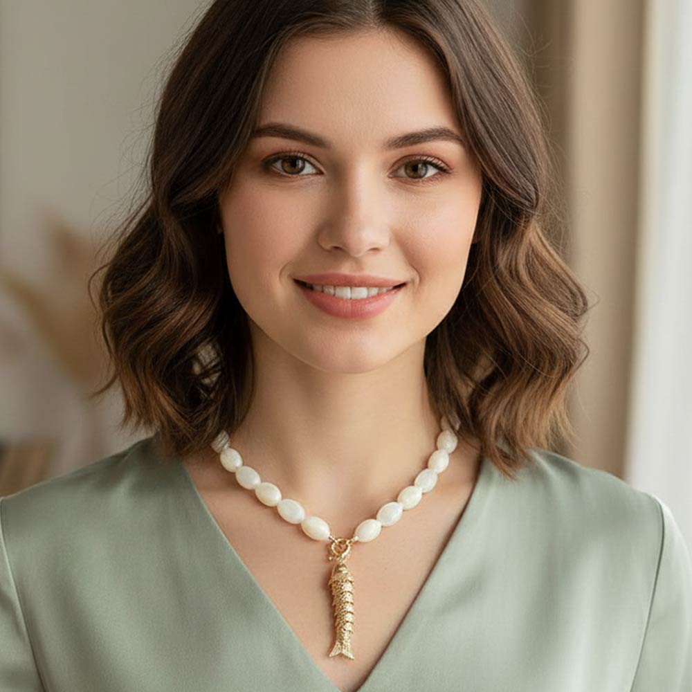 Madeline Love White Fish Toggle Charm Pendant Marbled Resin Pebble Beaded Necklace - Necklaces