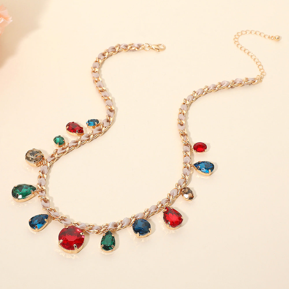 Madeline Love Dark, Multi Round Teardrop Stone Cluster Station Bow Braided Chain Necklace