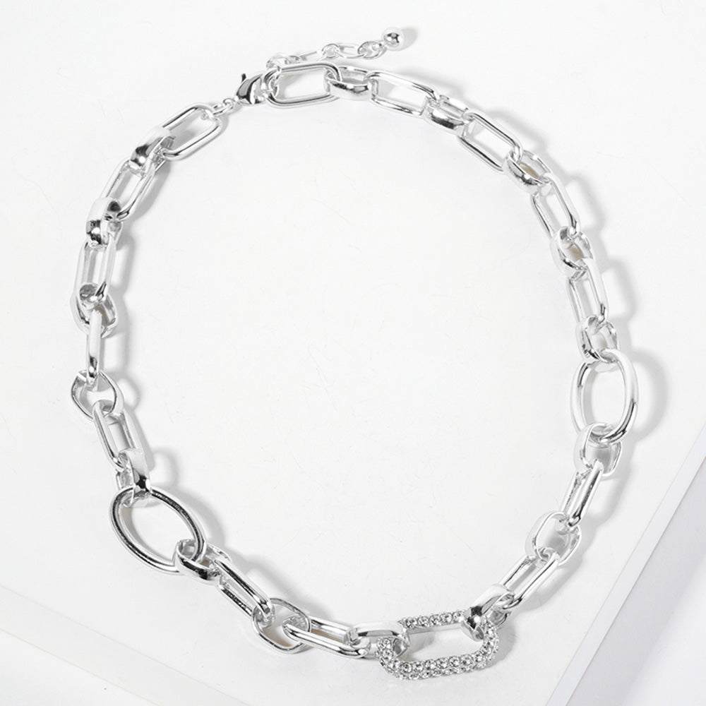Madeline Love Rhodium White Gold Dipped CZ Stone Paved Oval Link Pointed Chain Necklace