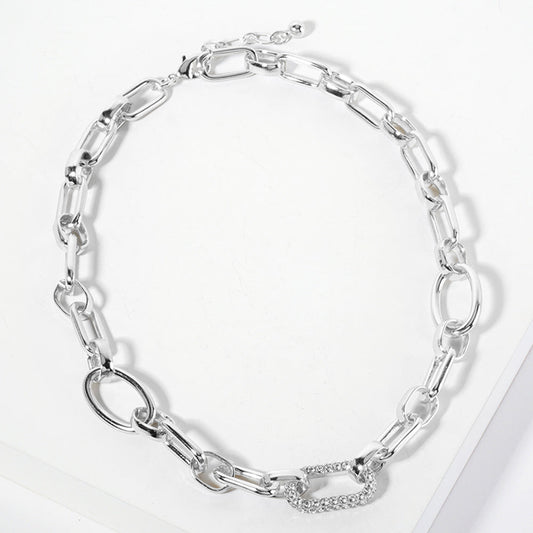 Madeline Love Rhodium White Gold Dipped CZ Stone Paved Oval Link Pointed Chain Necklace