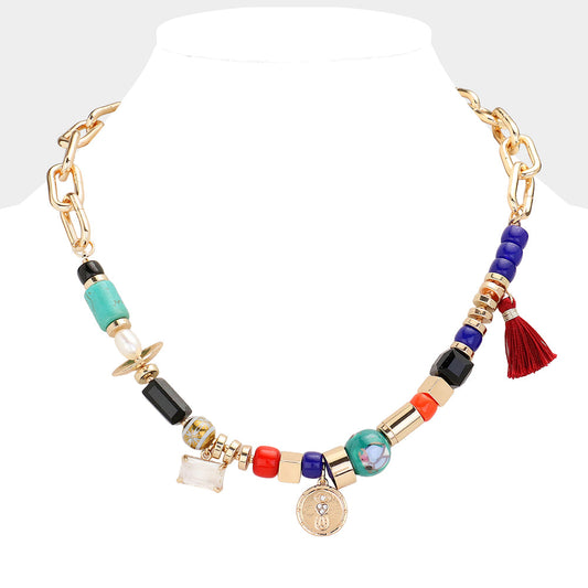 Multi Rhinestone Evil Eye Heart Horseshoe Metal Disc Tassel Pendant Freshwater Pearl Multi Beaded Necklace