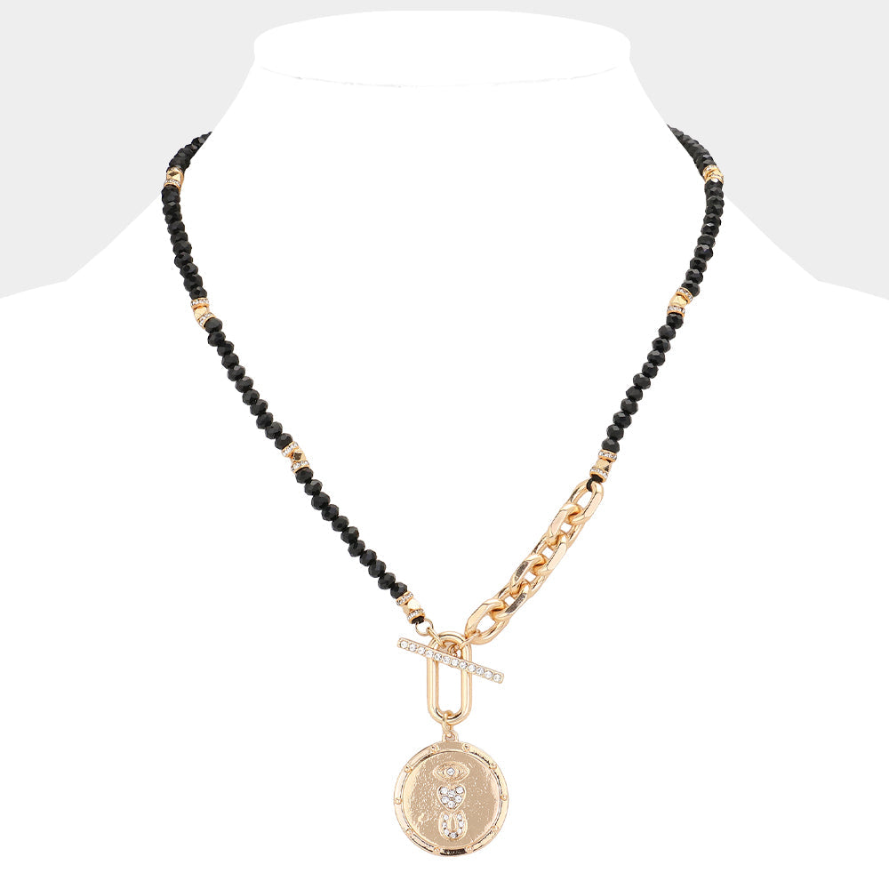 Black Rhinestone Evil Eye Heart Horseshoe Accented Metal Round Pendant Faceted Beaded Necklace