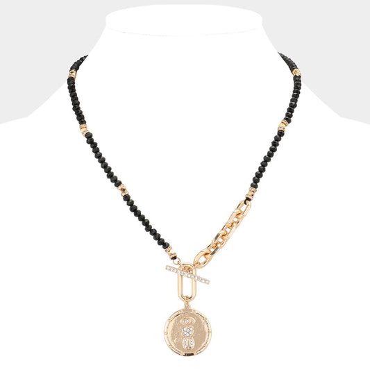 Black Rhinestone Evil Eye Heart Horseshoe Accented Metal Round Pendant Faceted Beaded Necklace