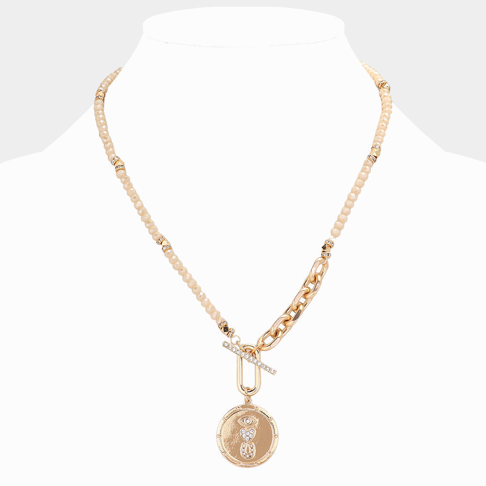 Ivory Rhinestone Evil Eye Heart Horseshoe Accented Metal Round Pendant Faceted Beaded Necklace