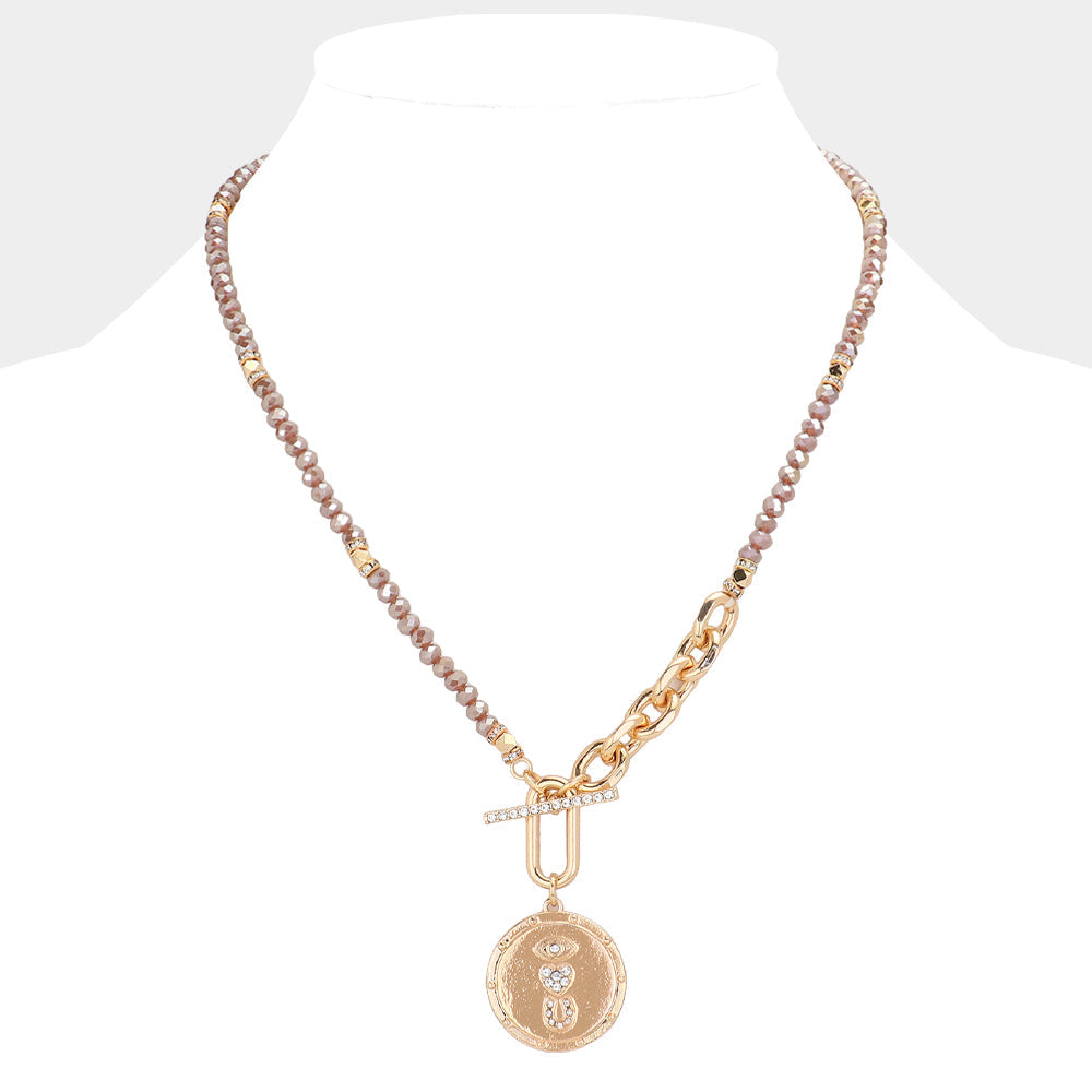 Pink Rhinestone Evil Eye Heart Horseshoe Accented Metal Round Pendant Faceted Beaded Necklace