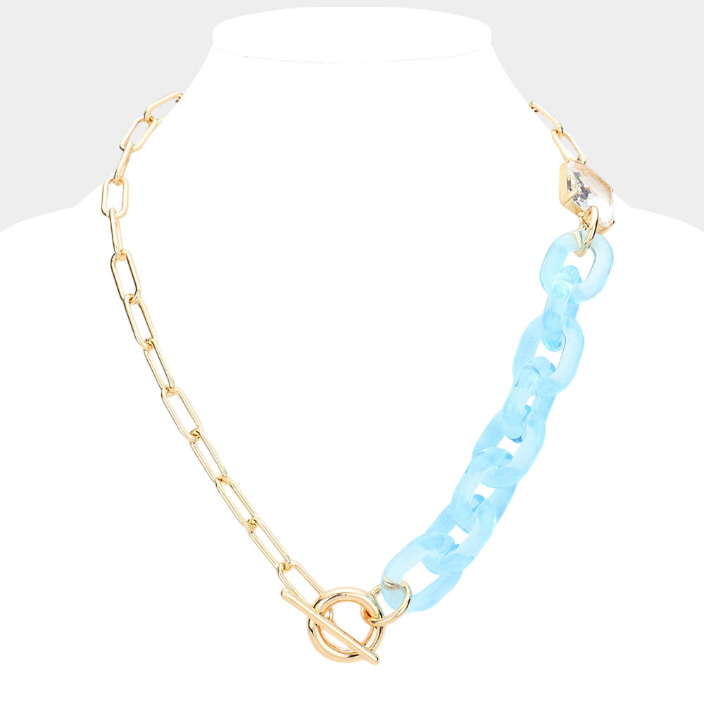 Madeline Love Light Blue Square Stone Open Oval Resin Link Toggle Necklace - Necklaces