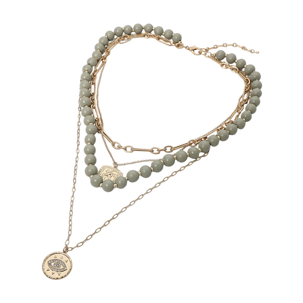 Madeline Love Gray Round Evil Eye Square Pendant Wooden Beaded Multi Layered Necklace - Necklaces - desc