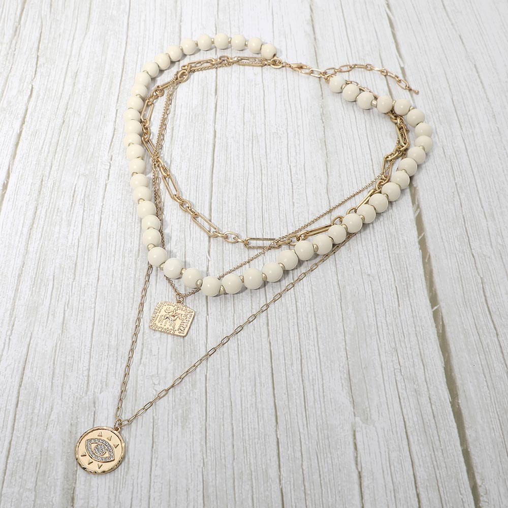 Madeline Love Ivory Round Evil Eye Square Pendant Wooden Beaded Multi Layered Necklace - Necklaces