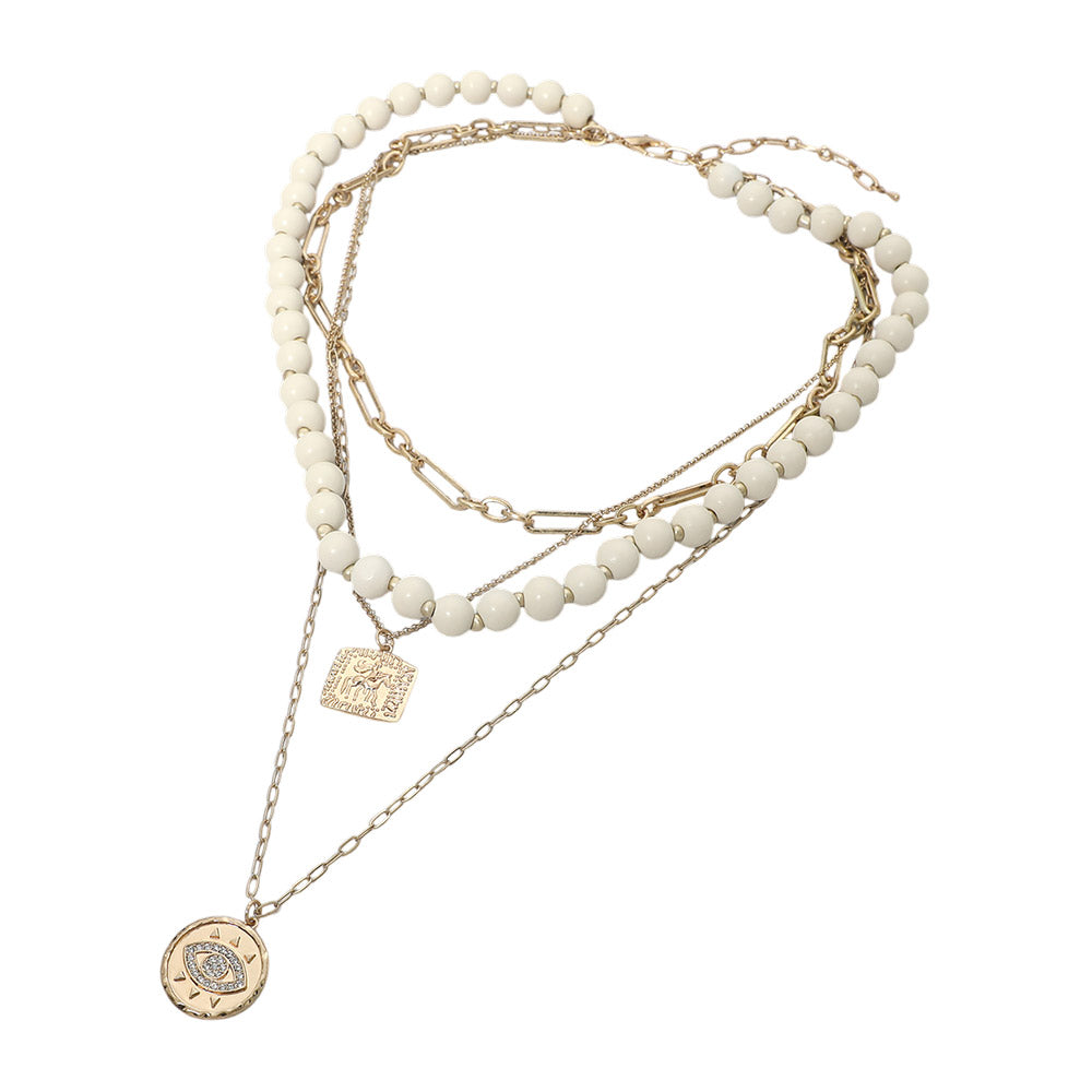 Madeline Love Ivory Round Evil Eye Square Pendant Wooden Beaded Multi Layered Necklace - Necklaces - desc