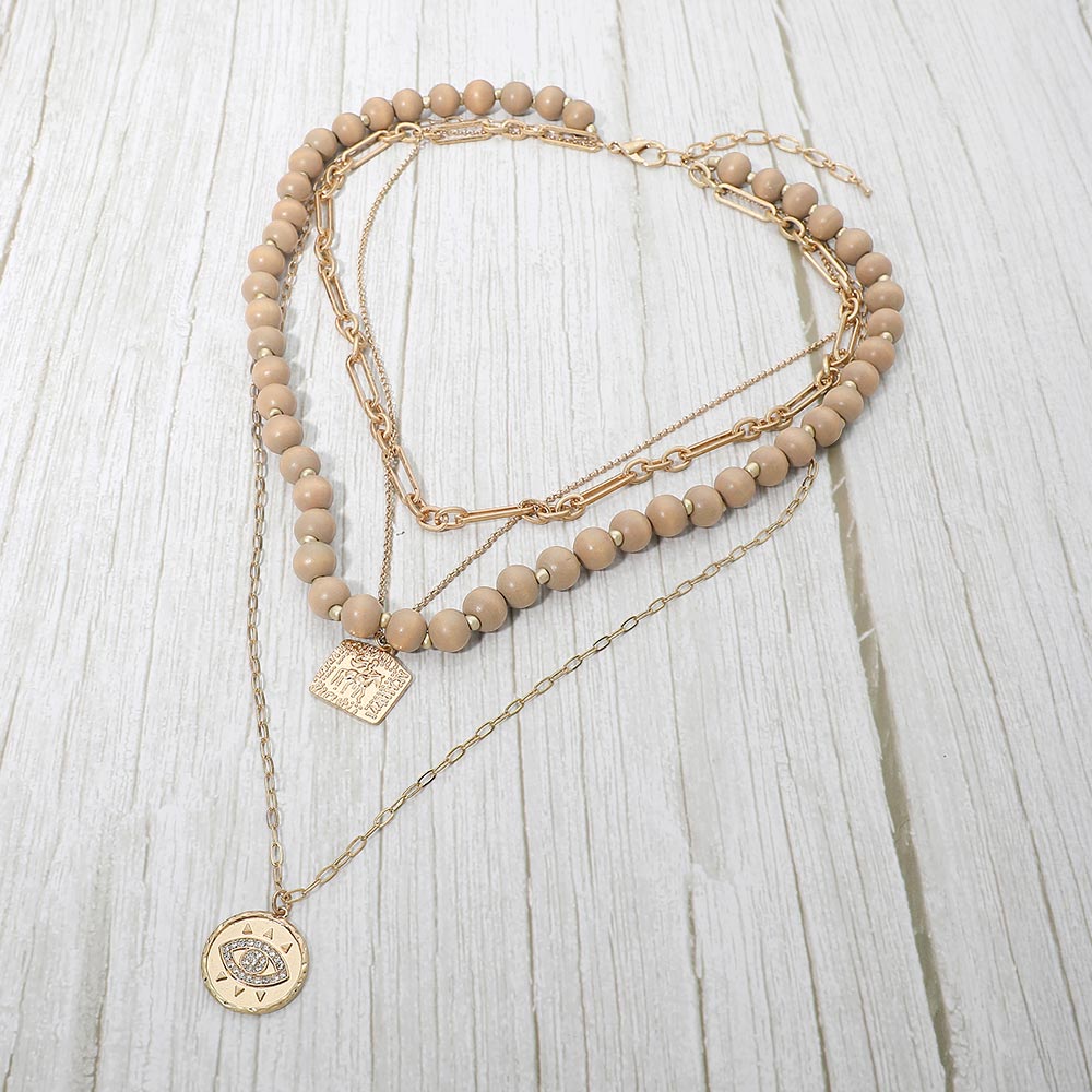 Madeline Love Neutral Round Evil Eye Square Pendant Wooden Beaded Multi Layered Necklace - Necklaces