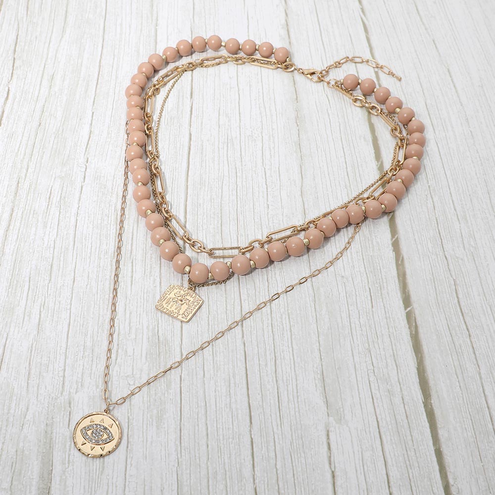Madeline Love Rose Round Evil Eye Square Pendant Wooden Beaded Multi Layered Necklace - Necklaces