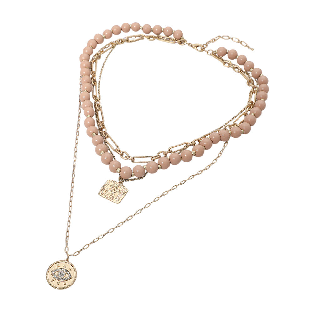 Madeline Love Rose Round Evil Eye Square Pendant Wooden Beaded Multi Layered Necklace - Necklaces - desc