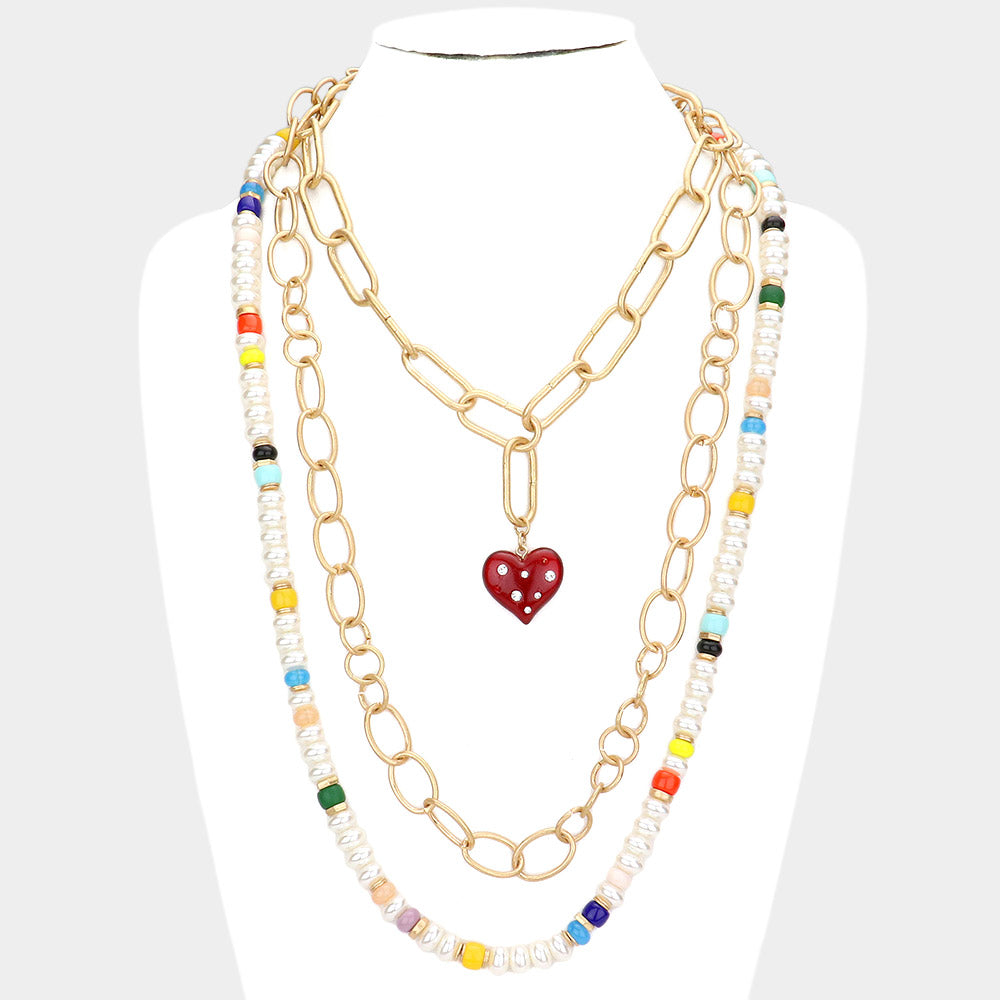 Heart Pendant Accented  Pearl Resin Beaded Triple Layered Necklace