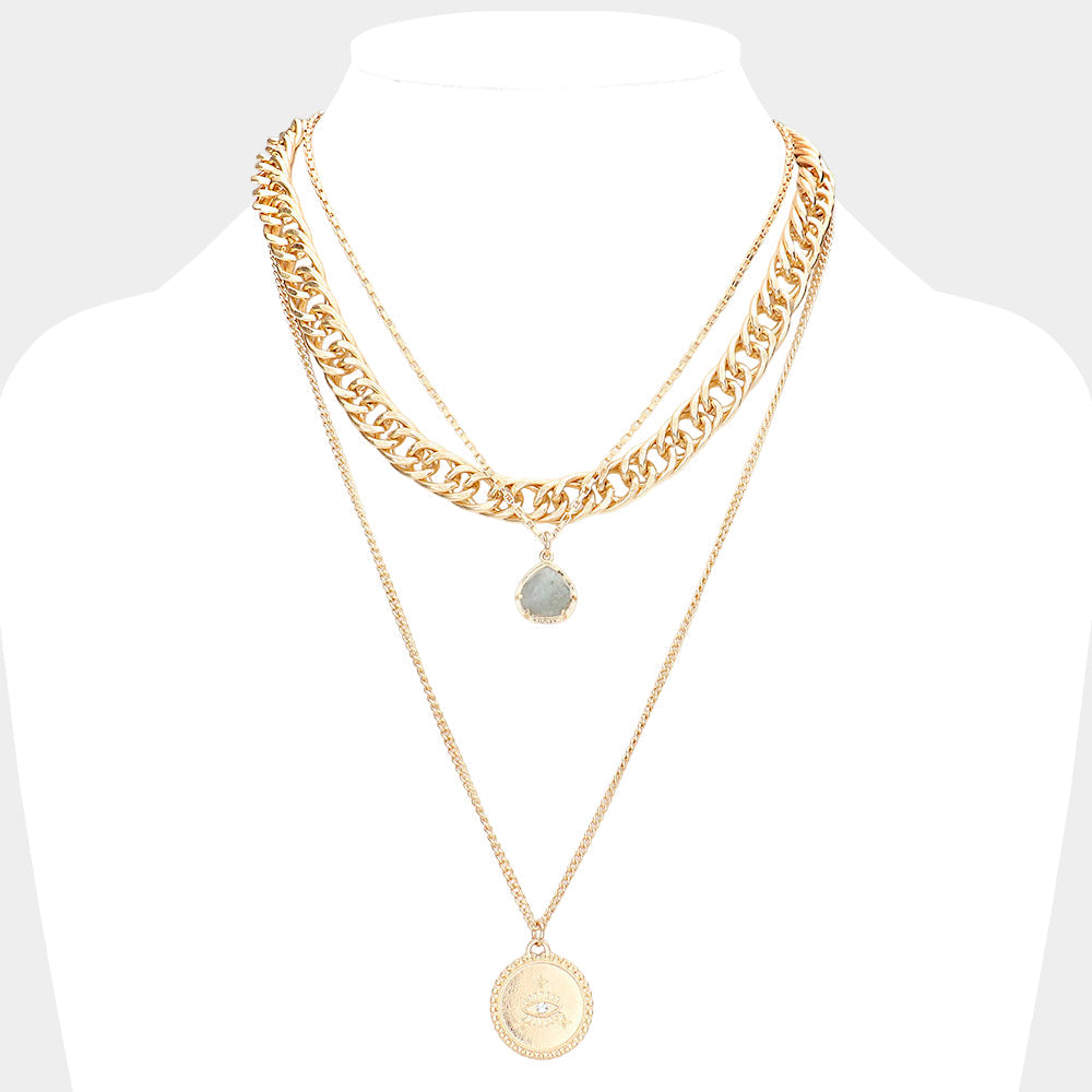 Madeline Love Gray Natural Stone Evil Eye Detailed Metal Round Pendant Triple Layered Necklace - Necklaces