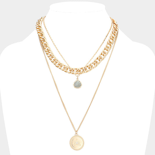 Madeline Love Gray Natural Stone Evil Eye Detailed Metal Round Pendant Triple Layered Necklace - Necklaces