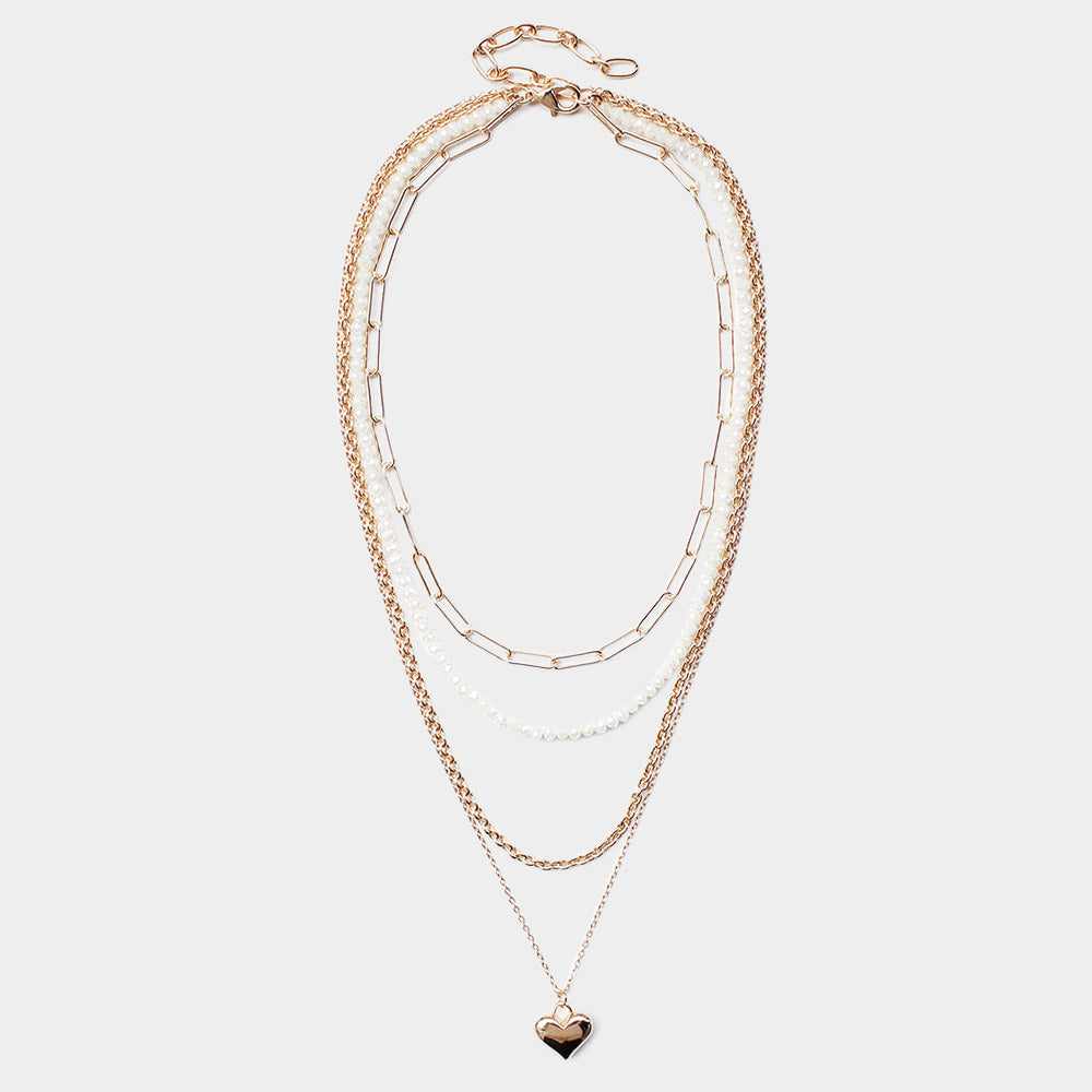 Metal Heart Pendant Multi Layered Necklace - Necklaces