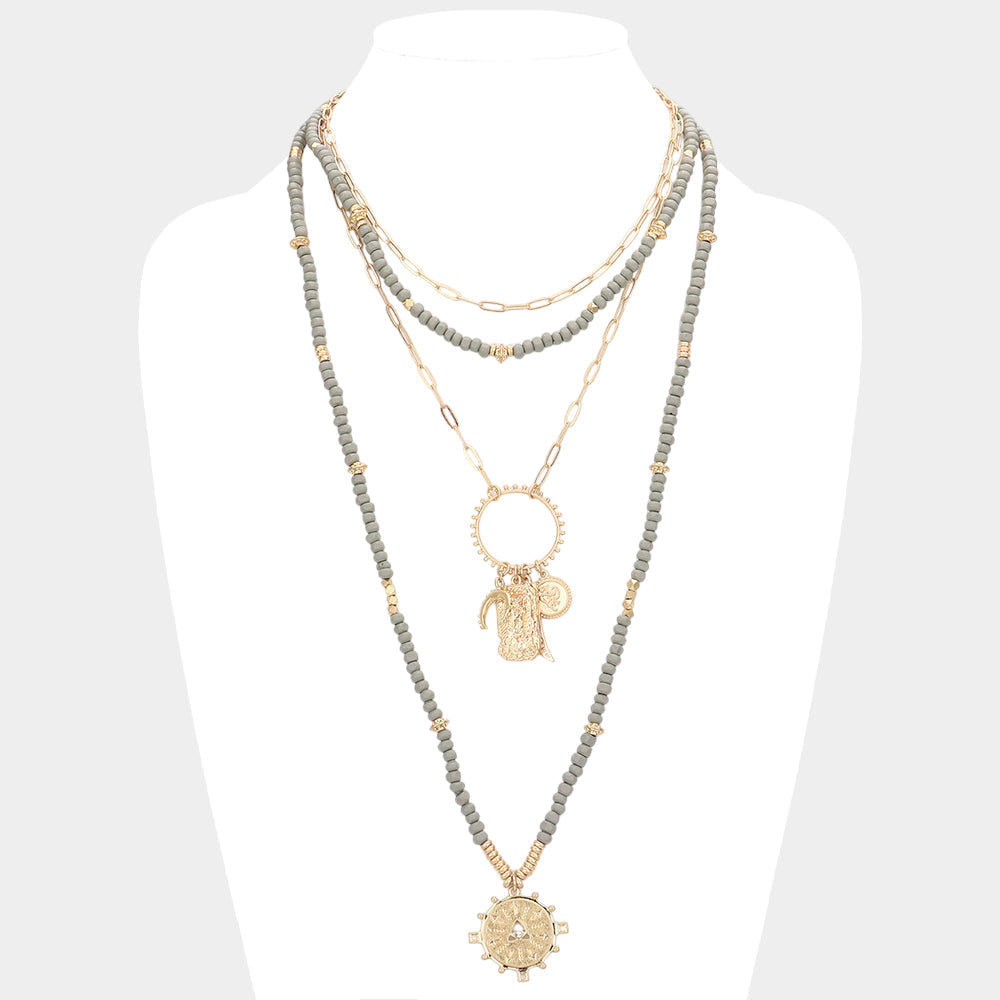 Madeline Love Gray Double Horn Evil Eye Centered Pendant Wood Beaded Multi Layered Necklace - Necklaces