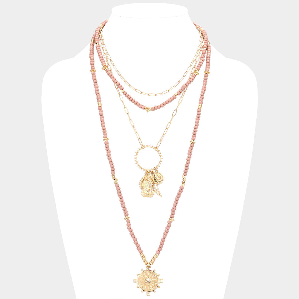 Madeline Love Pink Double Horn Evil Eye Centered Pendant Wood Beaded Multi Layered Necklace - Necklaces