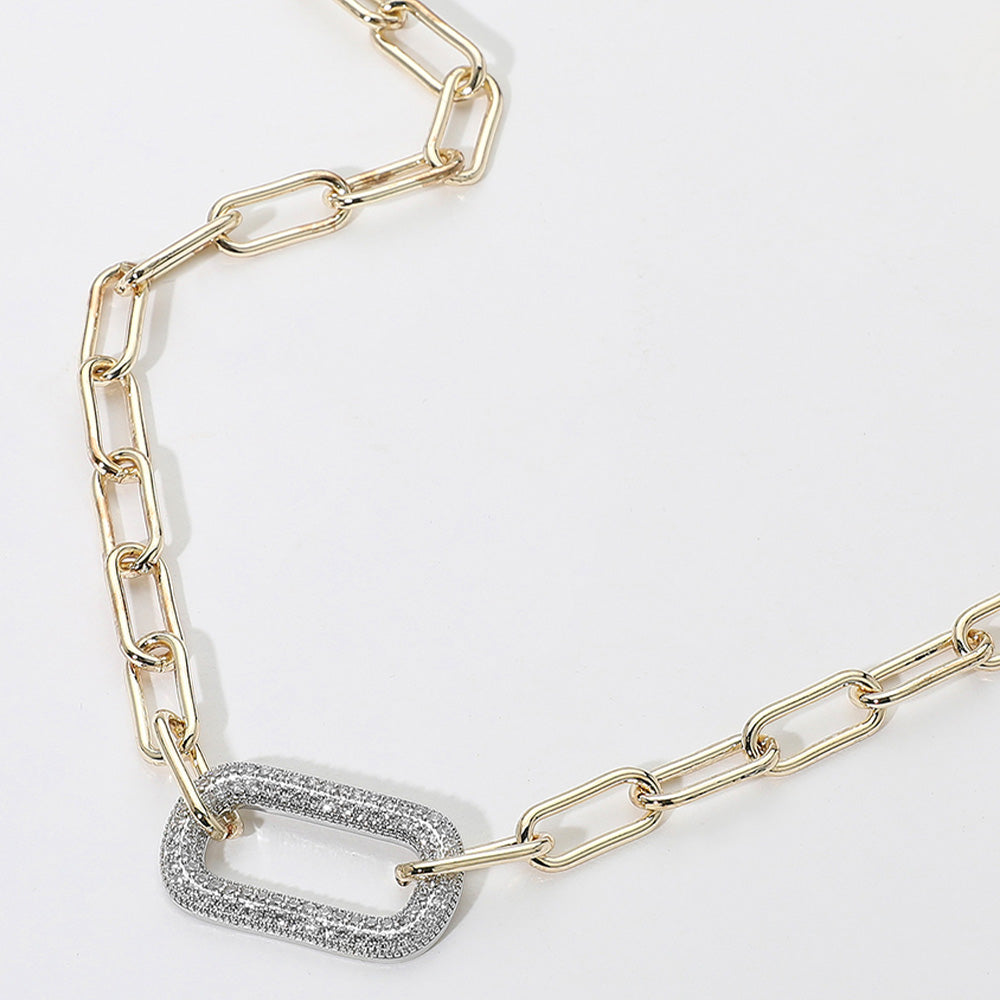Madeline Love Gold, Rhodium 14K Gold Plated CZ Stone Paved Oval Pendant Link Paperclip Chain Necklace - Necklaces