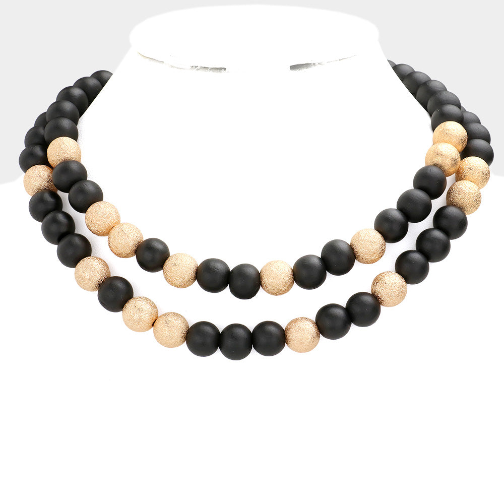 Black Brass Metal Wood Ball Double Layered Necklace