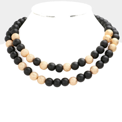 Black Brass Metal Wood Ball Double Layered Necklace